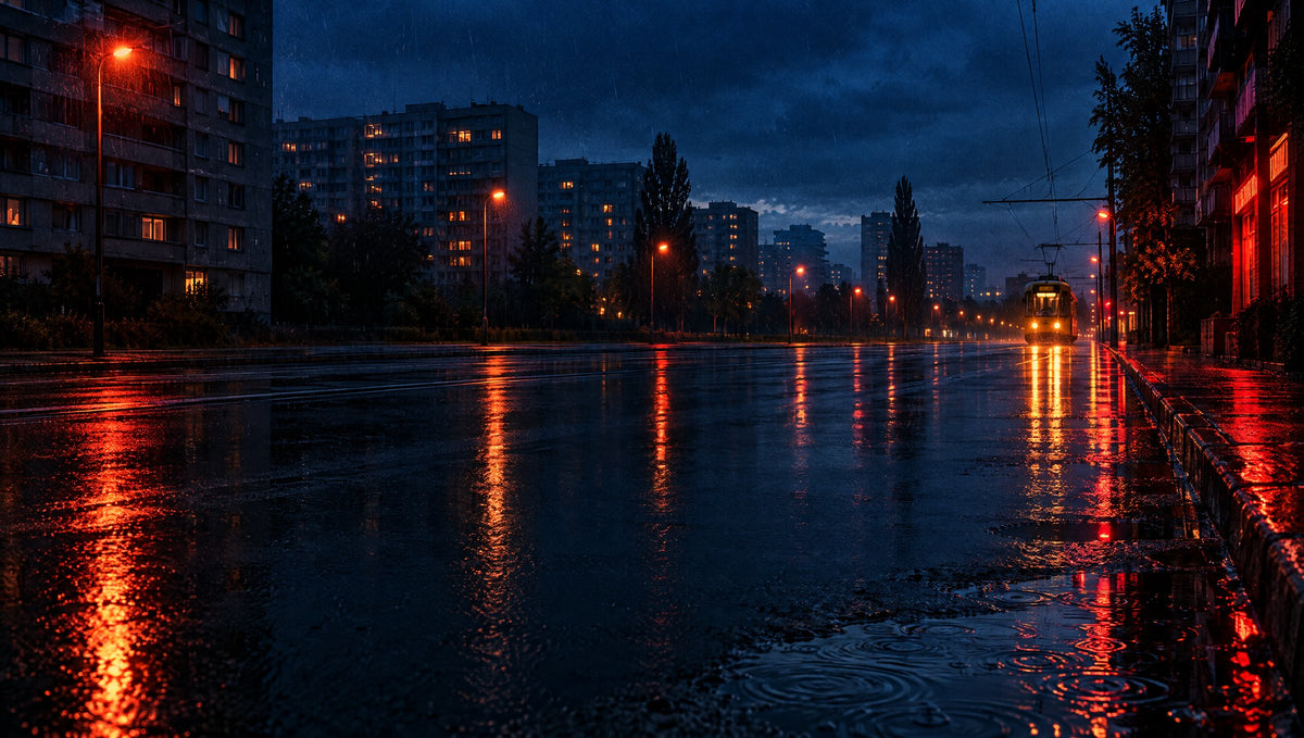 Mokra ulica polskiego miasta wieczorem, światła tramwaju odbite w asfalcie