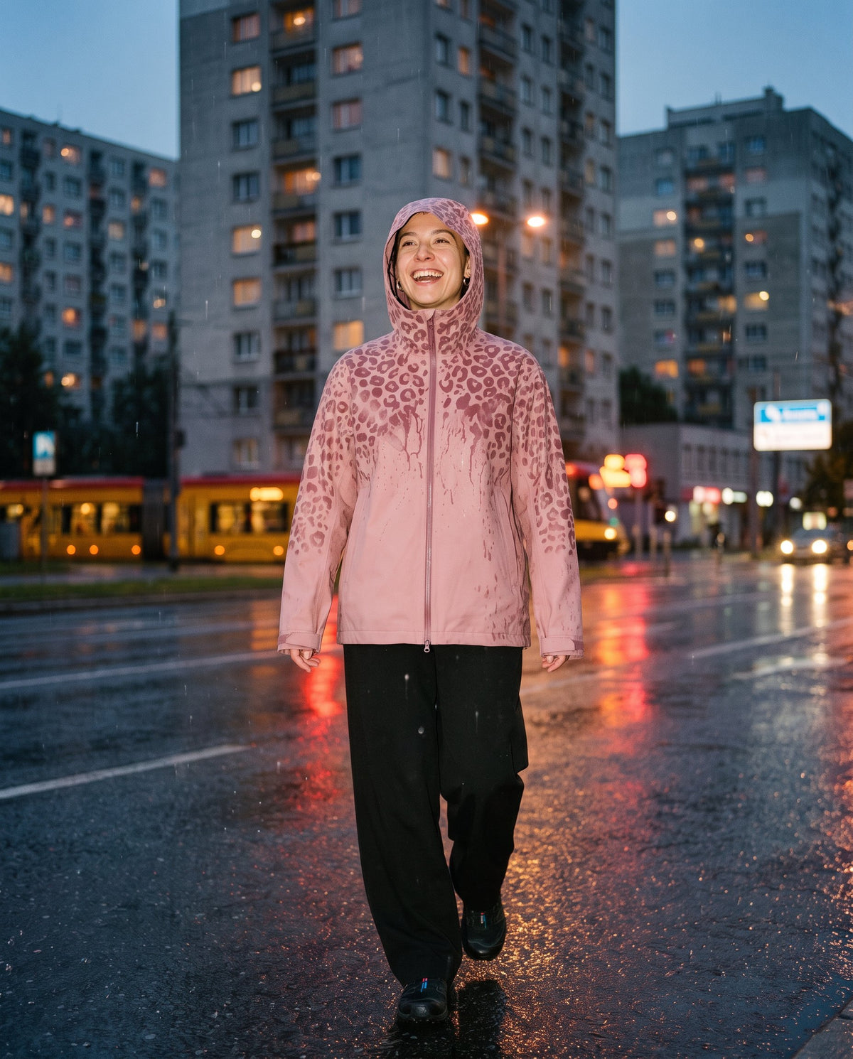 Kobieta w różowej kurtce przeciwdeszczowej NIMBA śmieje się w deszczu
